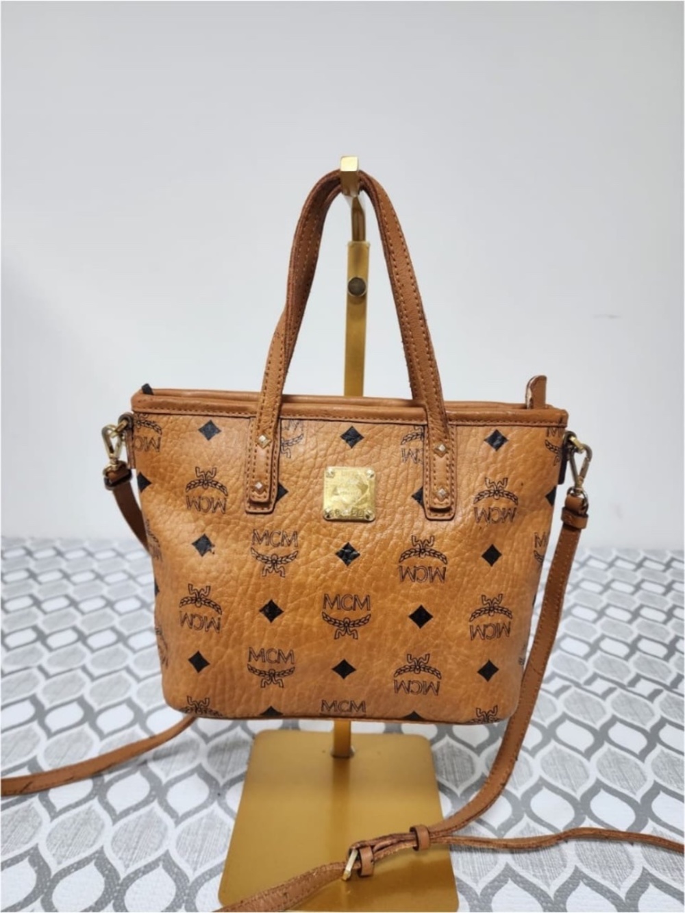 Authentic MCM Small Monogram Top Handle Bag Brown - Picture 12 of 13